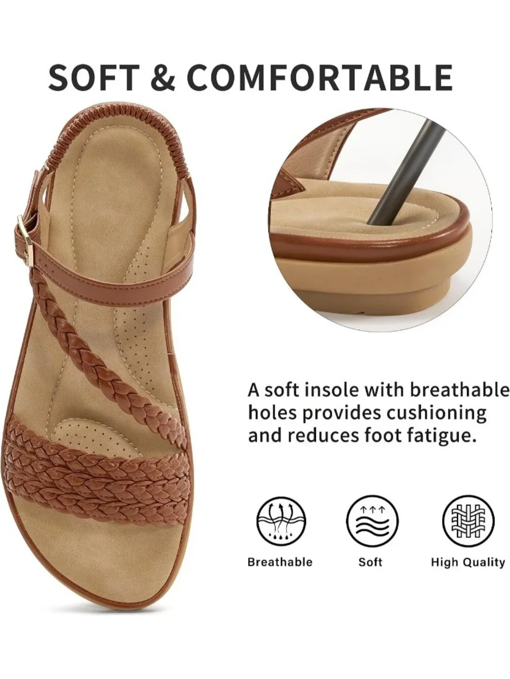 Women's Brown Summer Comfortable Strappy Flats Casual Walking Beach Sandals